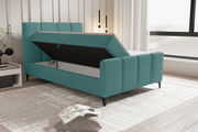 Boxbett mit Stauraum, seitliche Perspektive, türkisfarbenes Polster, modernes Design