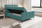 Boxbett mit Stauraum, seitliche Perspektive, türkisfarbenes Polster, modernes Design