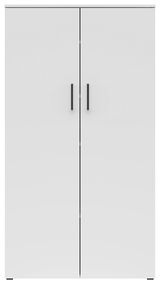 Frontansicht eines weißen Mehrzweckschranks mit zwei Türen und schwarzen Griffen.