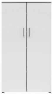 Frontansicht eines weißen Mehrzweckschranks mit zwei Türen und schwarzen Griffen.