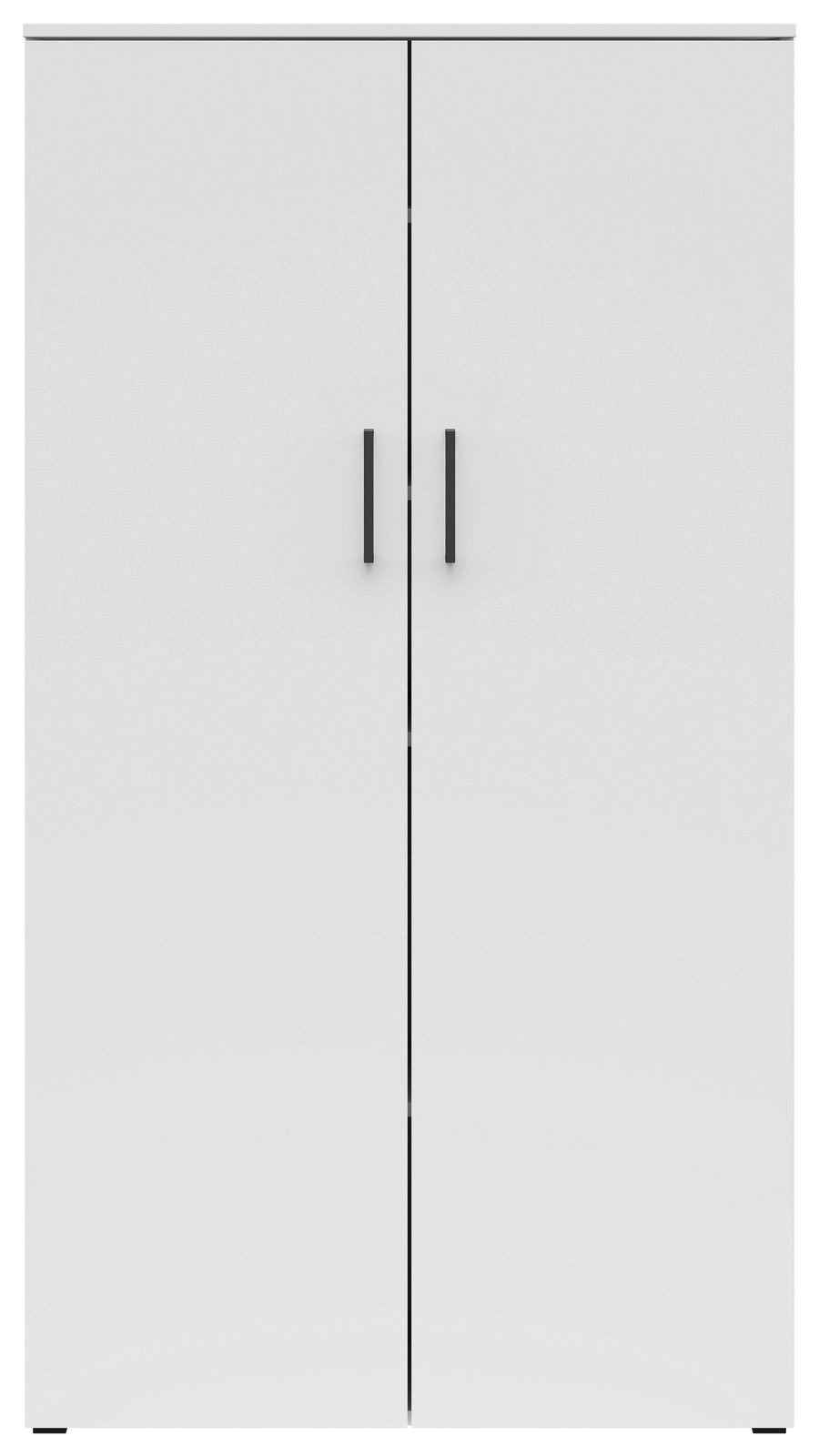 Frontansicht eines weißen Mehrzweckschranks mit zwei Türen und schwarzen Griffen.