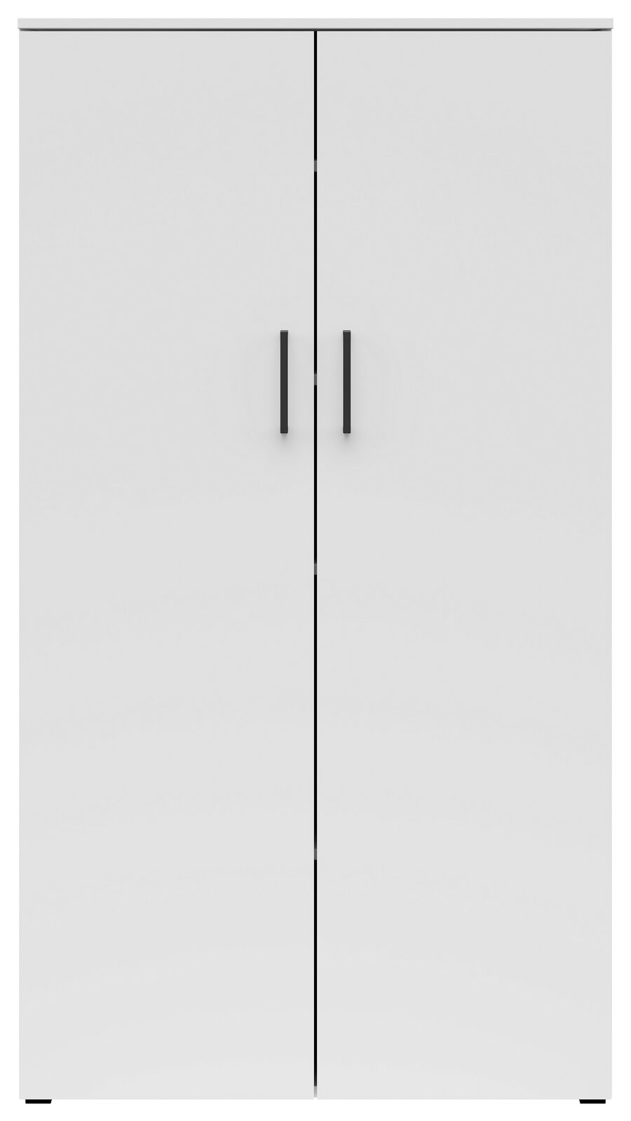 Frontansicht eines weißen Mehrzweckschranks mit zwei Türen und schwarzen Griffen.