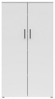 Frontansicht eines weißen Mehrzweckschranks mit zwei Türen und schwarzen Griffen.