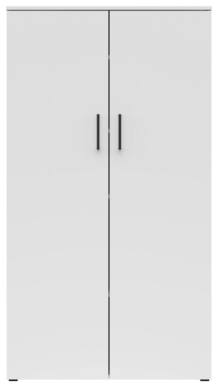 Frontansicht eines weißen Mehrzweckschranks mit zwei Türen und schwarzen Griffen.