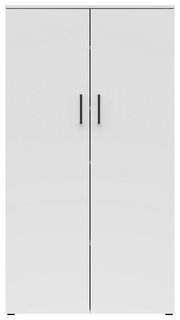 Frontansicht eines weißen Mehrzweckschranks mit zwei Türen und schwarzen Griffen.