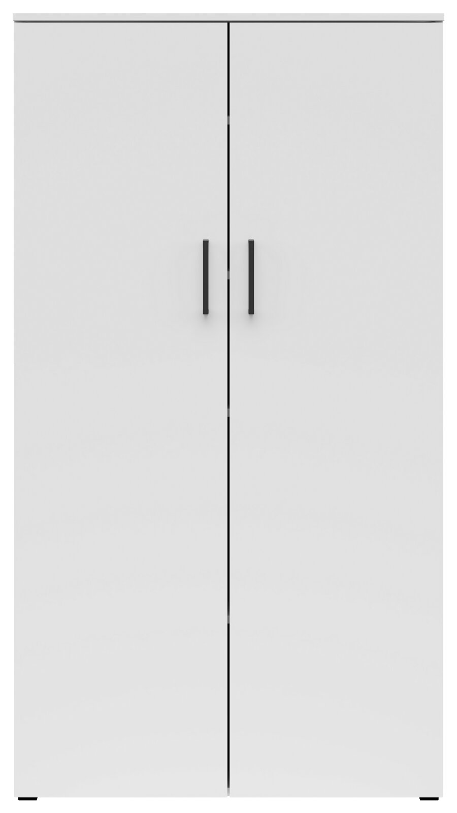 Frontansicht eines weißen Mehrzweckschranks mit zwei Türen und schwarzen Griffen.