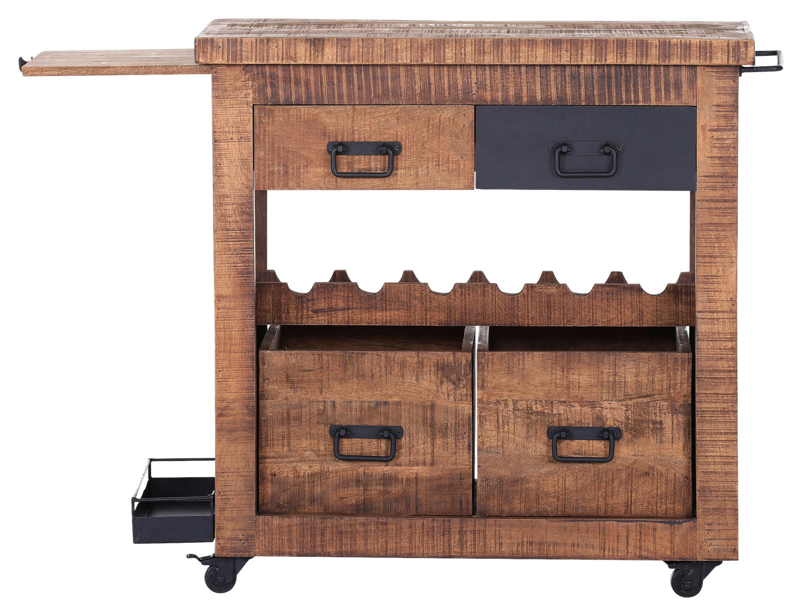 Rustikaler Servierwagen aus Holz mit Schubladen und Flaschenhaltern, seitliche Perspektive