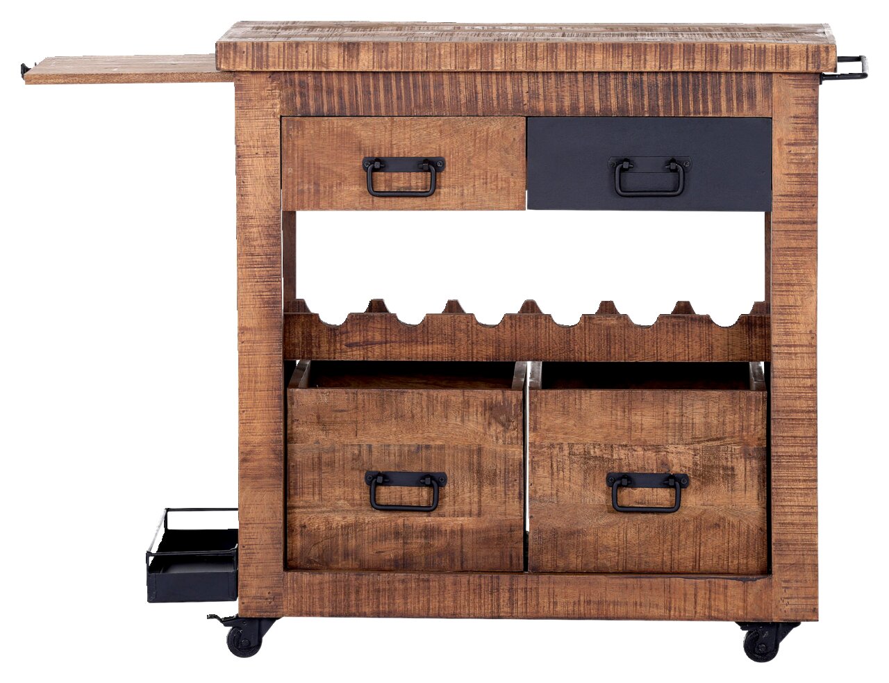 Rustikaler Servierwagen aus Holz mit Schubladen und Flaschenhaltern, seitliche Perspektive