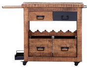 Rustikaler Servierwagen aus Holz mit Schubladen und Flaschenhaltern, seitliche Perspektive
