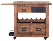 Rustikaler Servierwagen aus Holz mit Schubladen und Flaschenhaltern, seitliche Perspektive