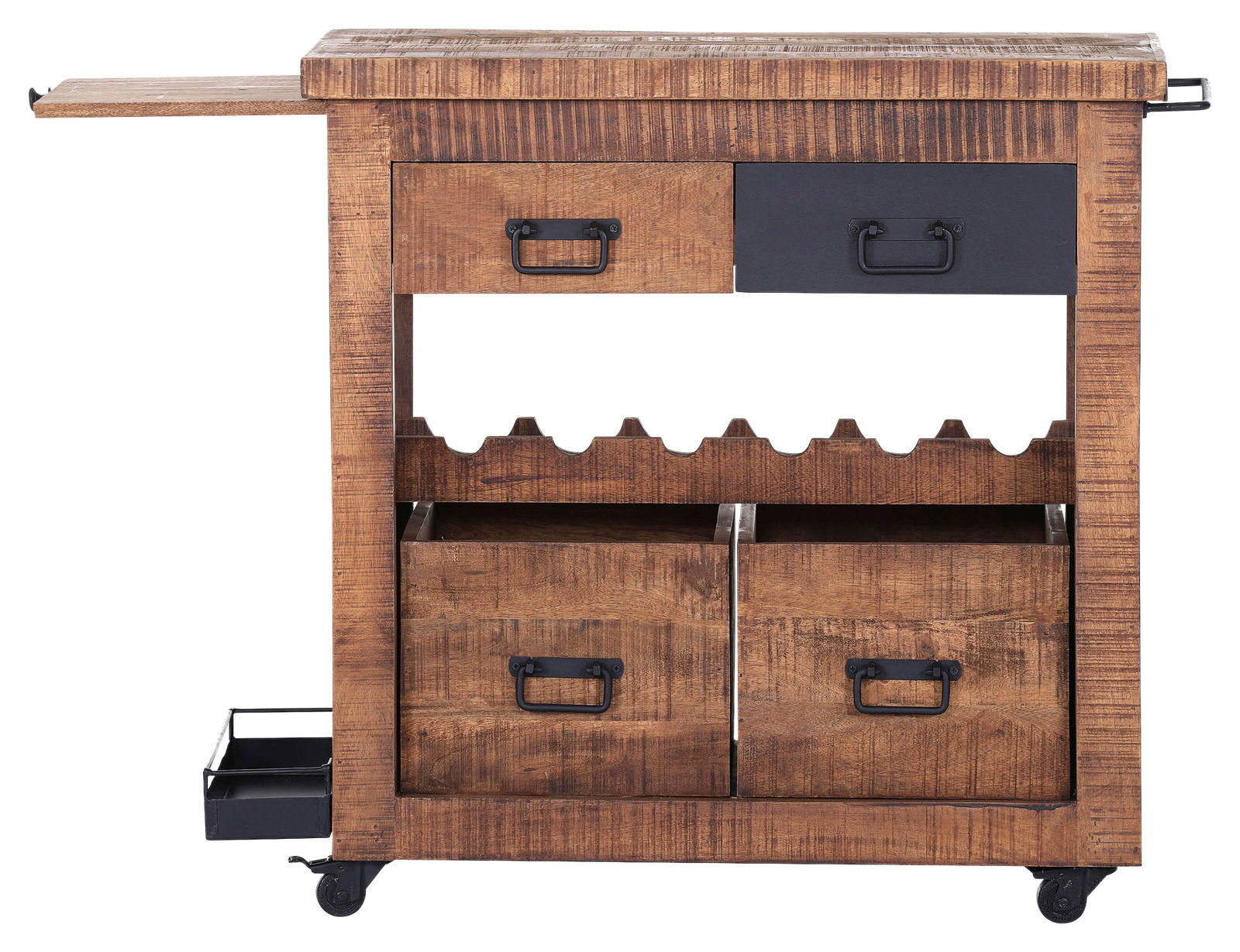 Rustikaler Servierwagen aus Holz mit Schubladen und Flaschenhaltern, seitliche Perspektive