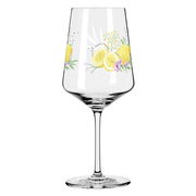 Weinglas mit Zitronen- und Blumenmotiv, seitliche Perspektive