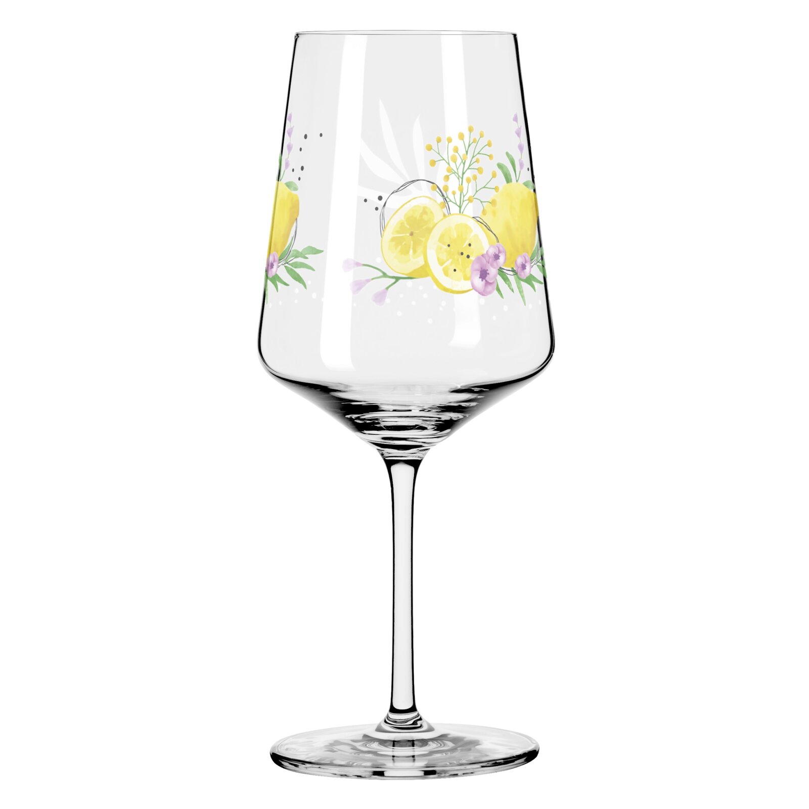 Weinglas mit Zitronen- und Blumenmotiv, seitliche Perspektive