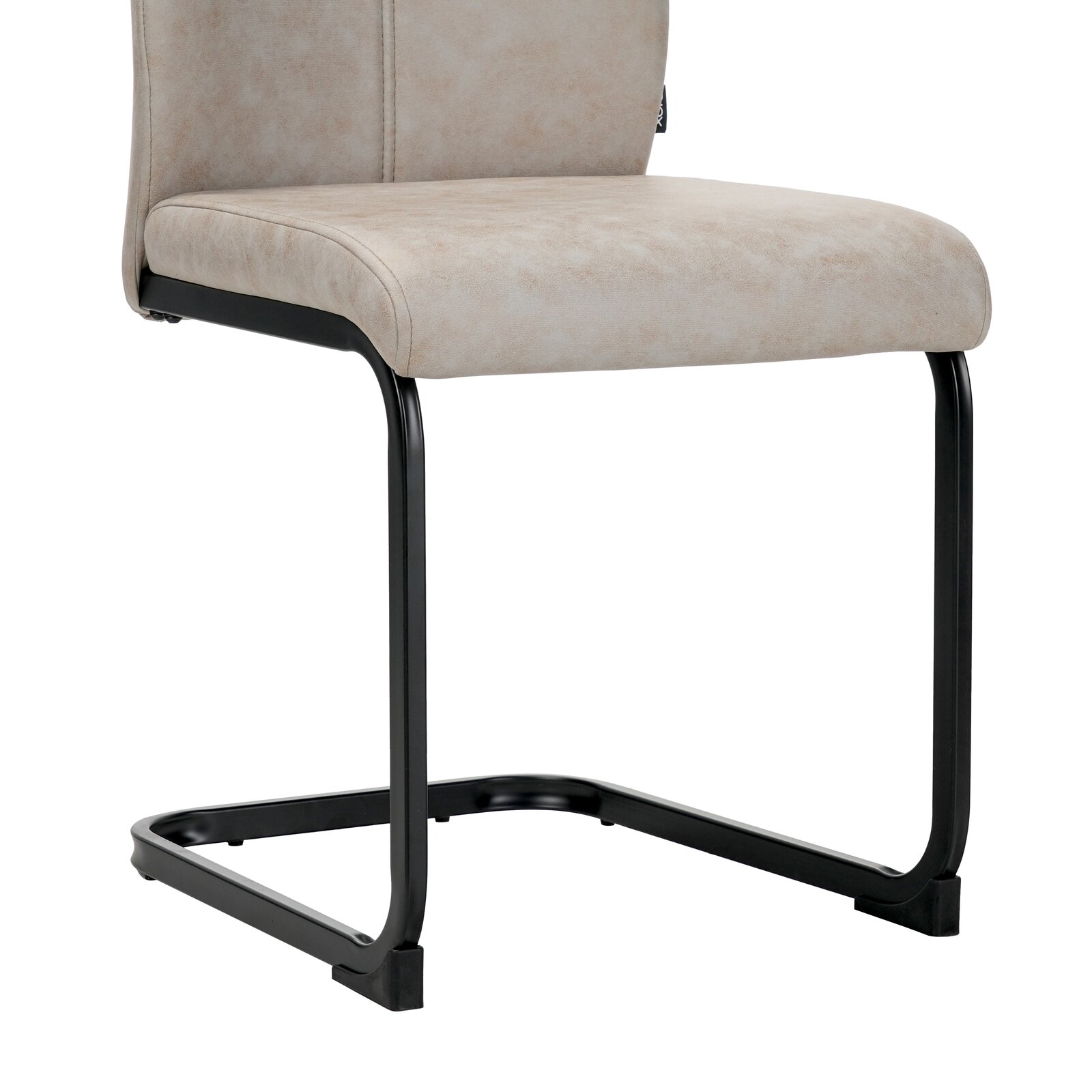 Moderner Schwingstuhl mit beigem Polster und schwarzem Metallgestell, seitliche Perspektive