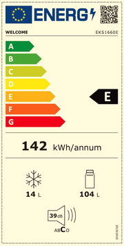 Energieeffizienzlabel für ein Küchengerät mit der Klasse E, 142 kWh pro Jahr, 14 Liter Gefrierfach, 104 Liter Kühlfach, 39 dB Lautstärke. Frontalansicht.