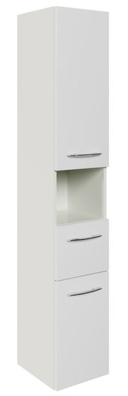 Weißer Hochschrank mit zwei Türen und einem offenen Fach, Frontansicht