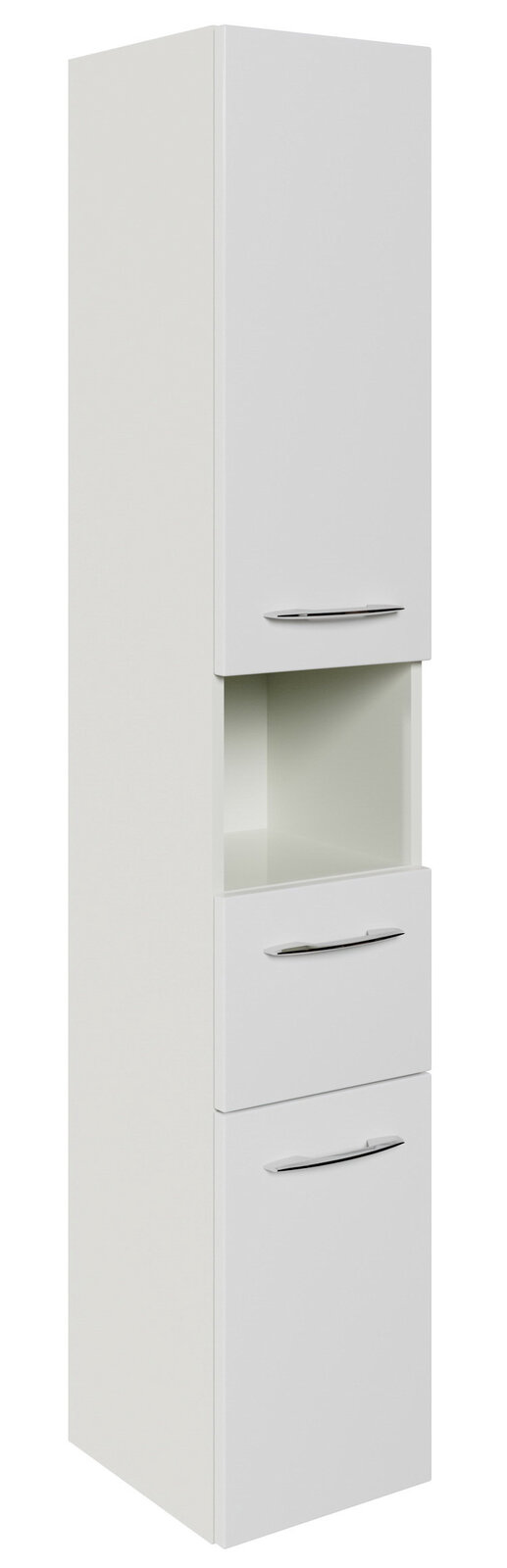 Weißer Hochschrank mit zwei Türen und einem offenen Fach, Frontansicht