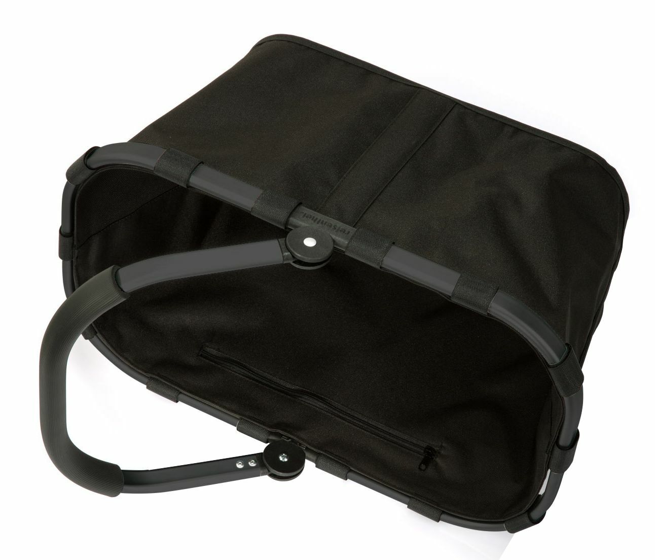 Schwarzer Einkaufskorb mit stabilem Rahmen und Tragegriff, von oben betrachtet.