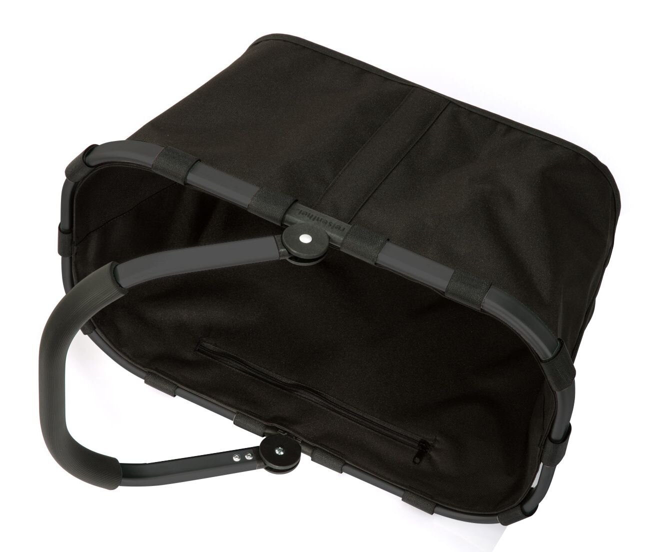 Schwarzer Einkaufskorb mit stabilem Rahmen und Tragegriff, von oben betrachtet.