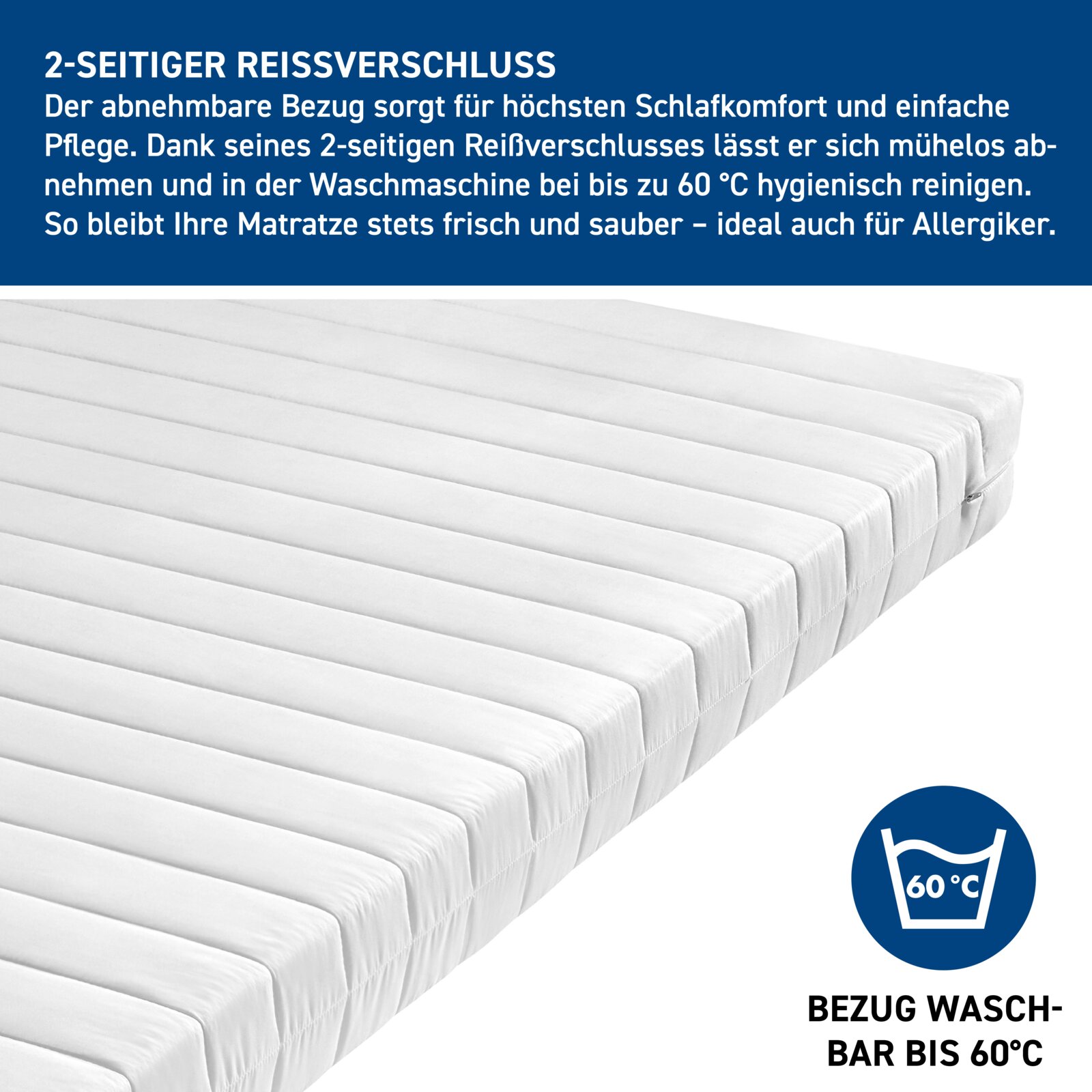 Komfort-Wendematratze mit abnehmbarem Bezug, seitliche Perspektive, waschbar bis 60 Grad, ideal für Allergiker.