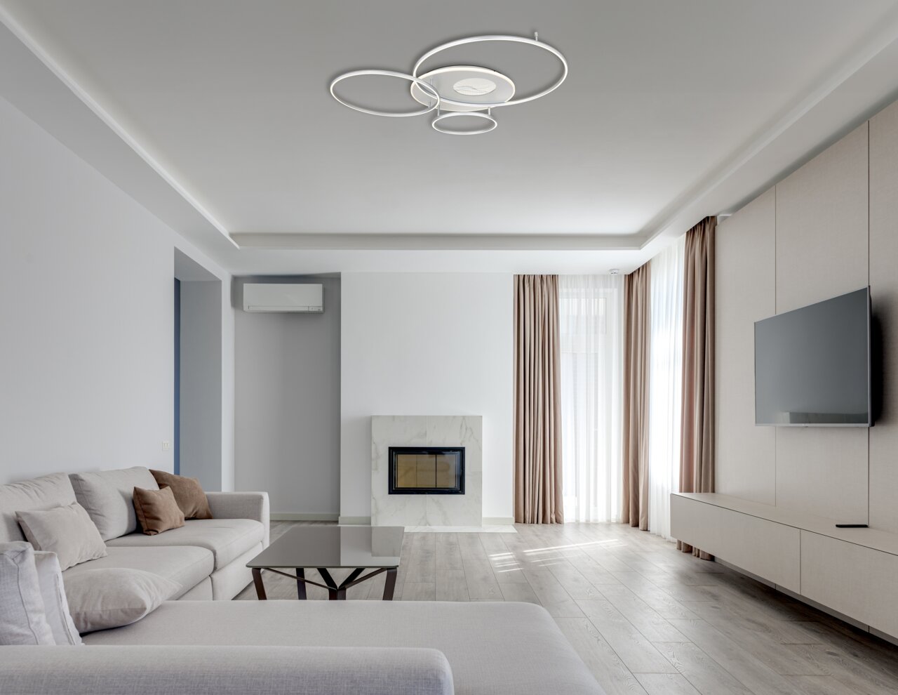 Globo Lighting Plafondlamp INVERTINA Moderne plafondlamp INVERTINA in een stijlvolle woonkamer, van onderaf gezien.