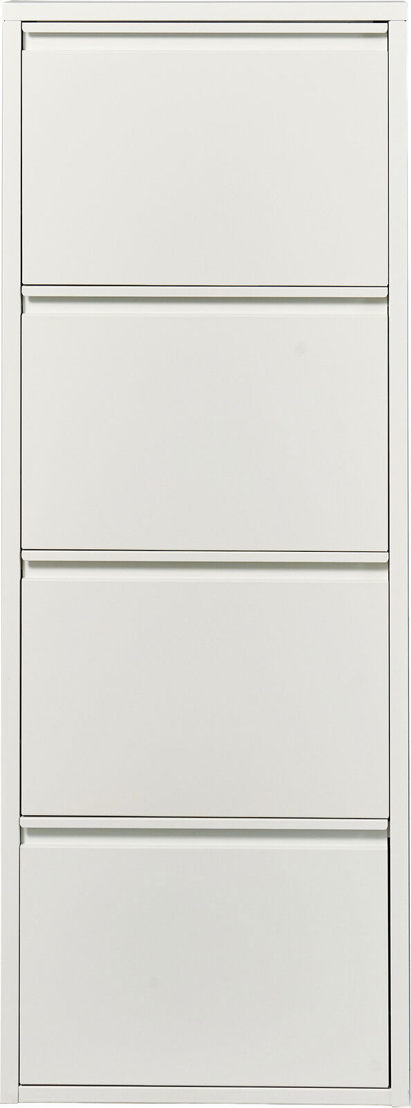 Weißer, schmaler Metallschrank mit vier übereinander angeordneten Klappenfächern, frontale Ansicht von vorn