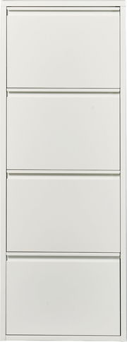 Weißer, schmaler Metallschrank mit vier übereinander angeordneten Klappenfächern, frontale Ansicht von vorn