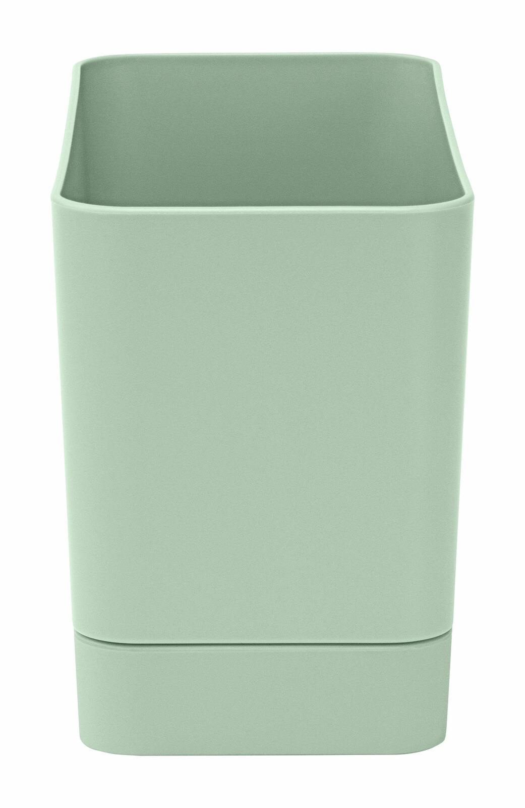 Grüner Spülen Organizer aus Kunststoff, frontal fotografiert.