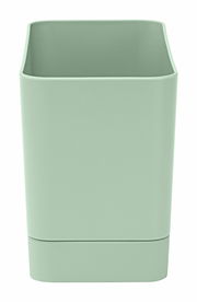 Grüner Spülen Organizer aus Kunststoff, frontal fotografiert.