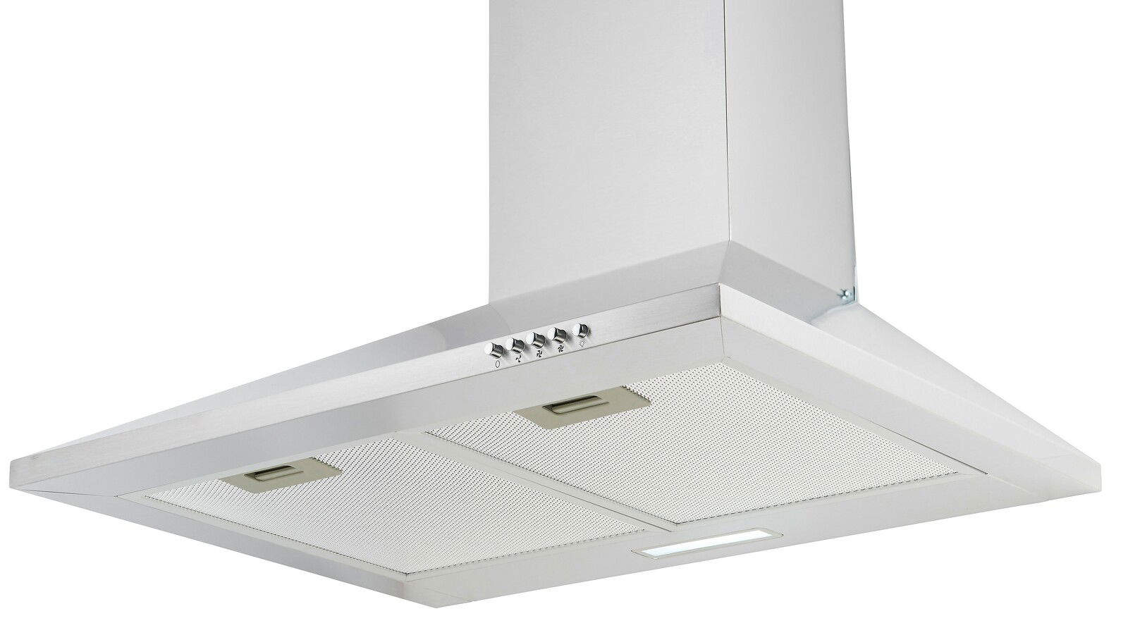 Moderne Edelstahl-Dunstabzugshaube in schräger Perspektive von unten, mit Bedienelementen und Beleuchtung.