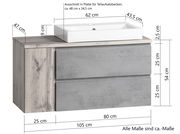 Waschtisch-Set 105 cm mit zwei Schubladen in Holzoptik und grauer Front, Ansicht von vorne mit Maßangaben.