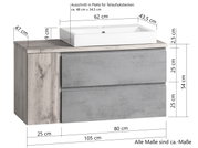 Waschtisch-Set 105 cm mit zwei Schubladen in Holzoptik und grauer Front, Ansicht von vorne mit Maßangaben.