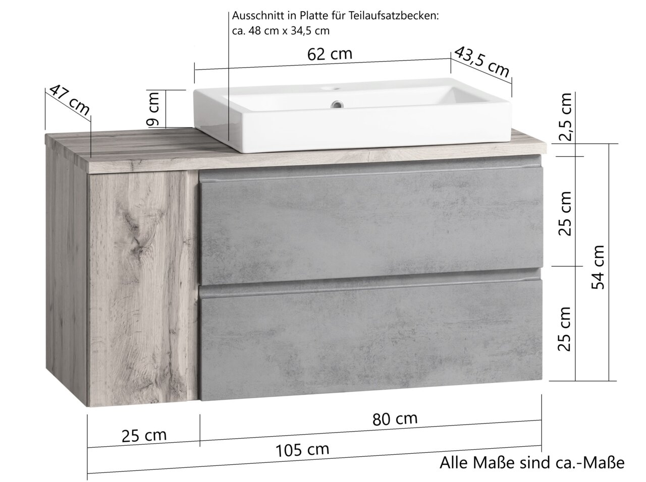 Waschtisch-Set 105 cm mit zwei Schubladen in Holzoptik und grauer Front, Ansicht von vorne mit Maßangaben.
