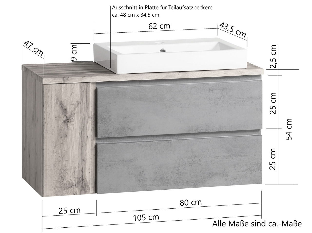 Waschtisch-Set 105 cm mit zwei Schubladen in Holzoptik und grauer Front, Ansicht von vorne mit Maßangaben.