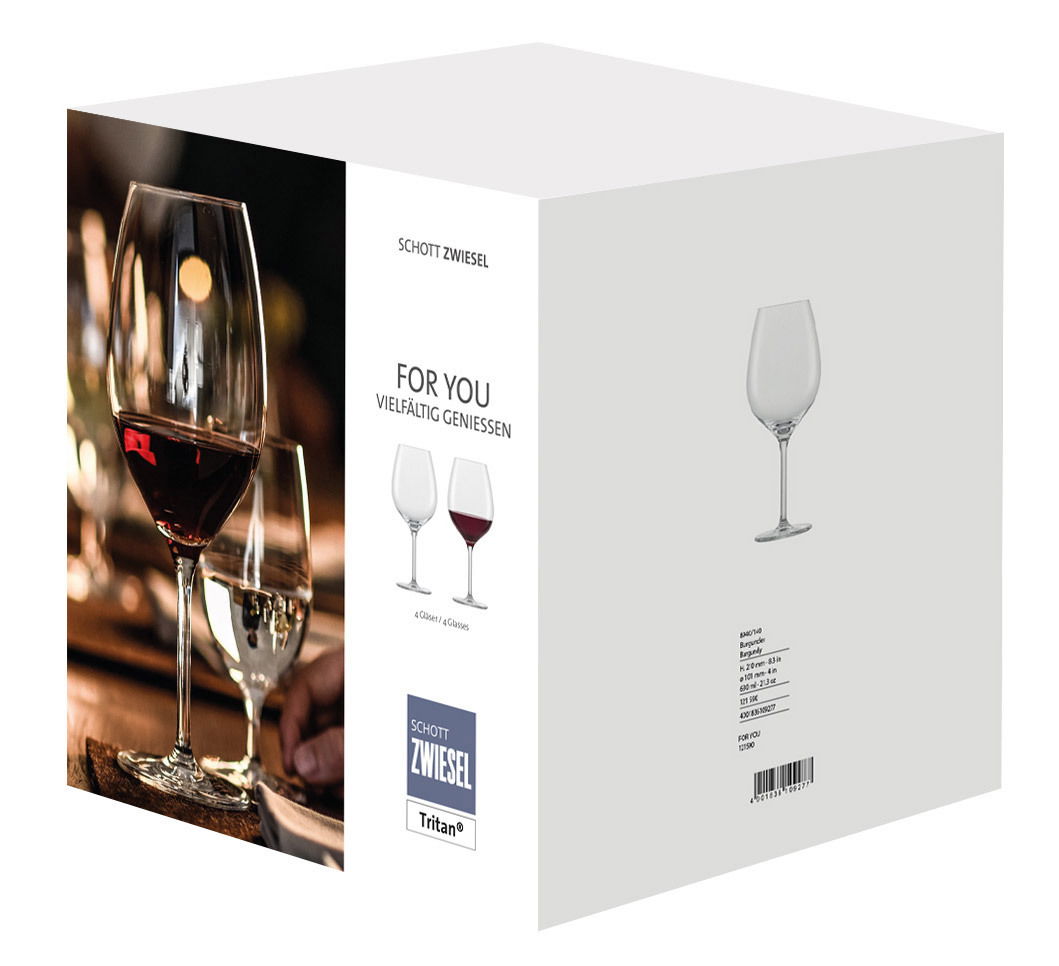 Rotweinglas-Set in eleganter Verpackung, seitliche Perspektive