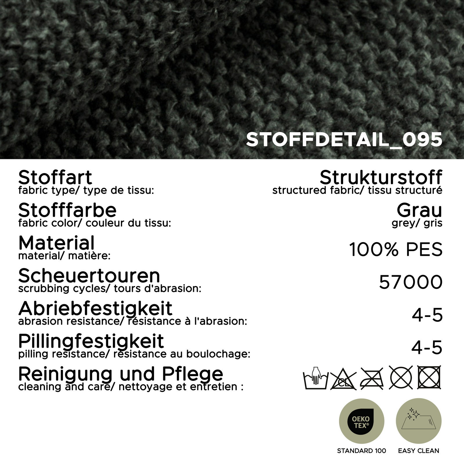 Detailansicht eines grauen Strukturstoffs aus 100% PES, geeignet für ein Schlafsofa 3 Sitzer.