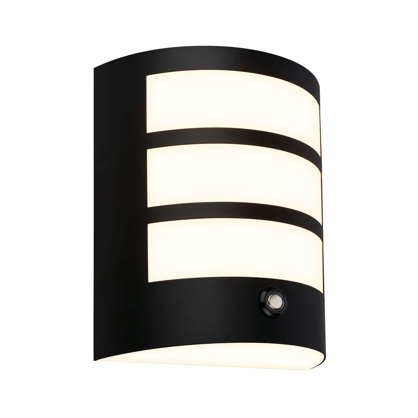 Moderne Akku-Außenwandleuchte mit schwarzem Gehäuse und horizontalen Lichtstreifen, seitliche Perspektive