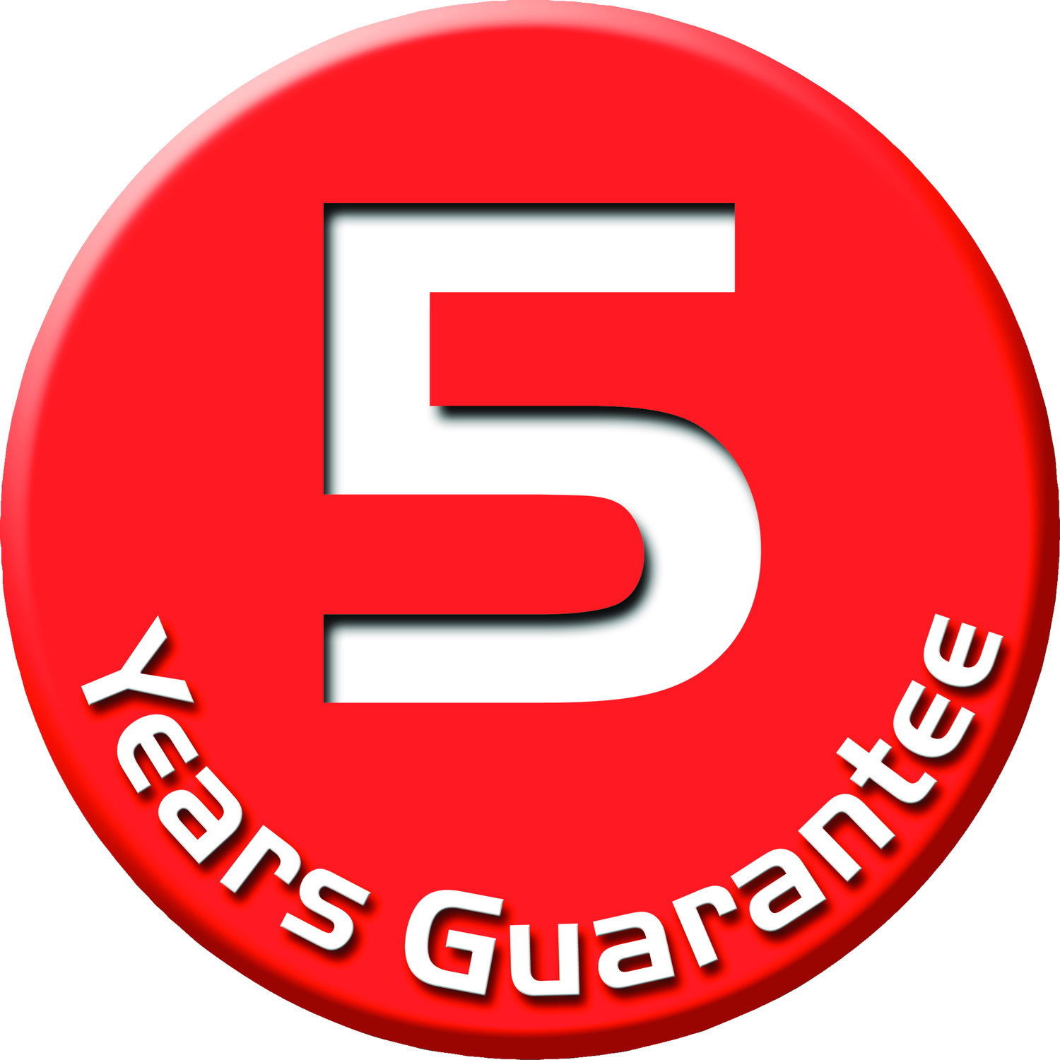 Rotes Emblem mit der Aufschrift '5 Years Guarantee' in weißer Schrift, Vorderansicht