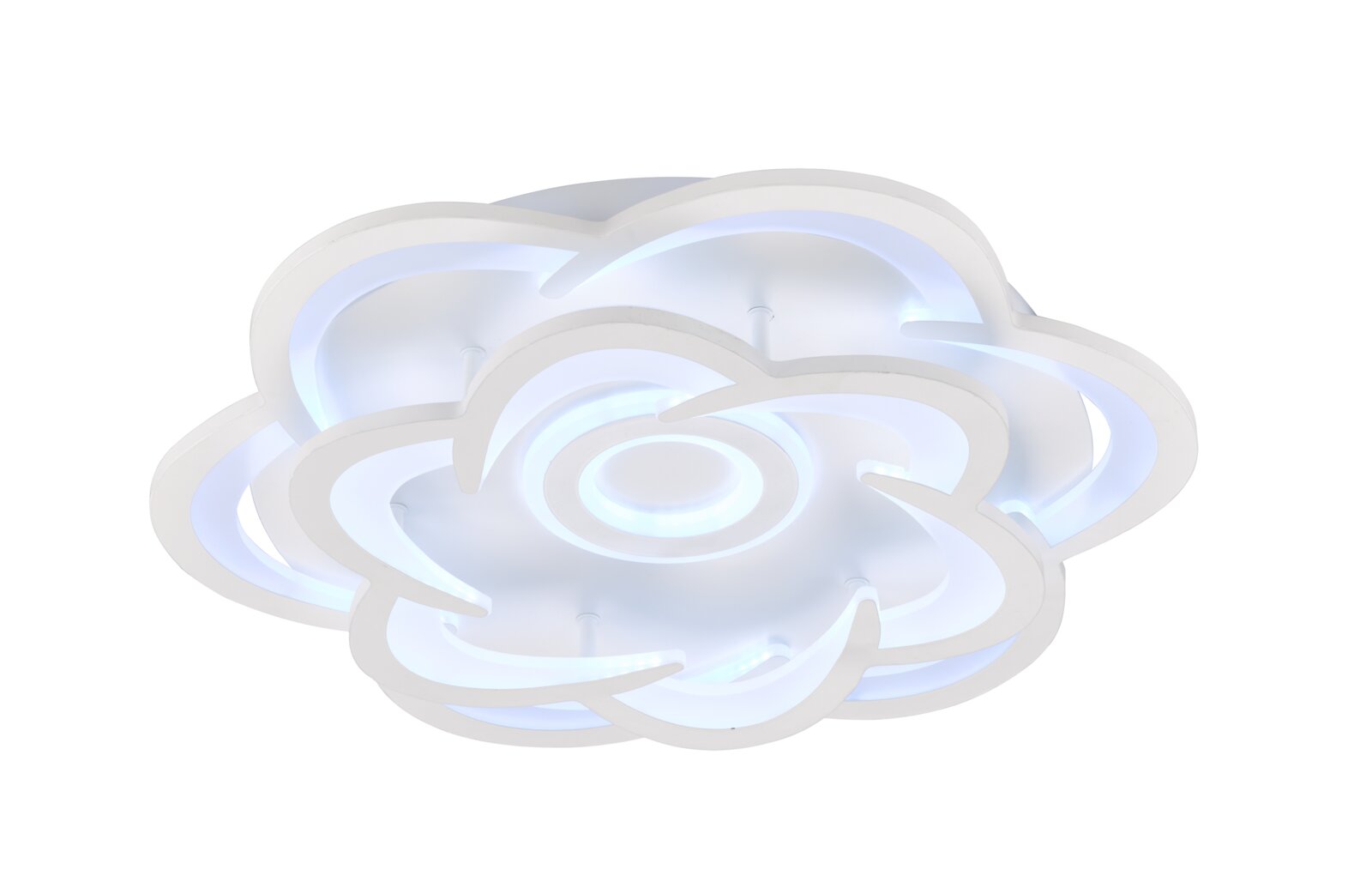 Moderne LED-Deckenleuchte in Blumenform mit weißem Rahmen und blauer Beleuchtung, seitliche Perspektive