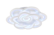 Moderne LED-Deckenleuchte in Blumenform mit weißem Rahmen und blauer Beleuchtung, seitliche Perspektive