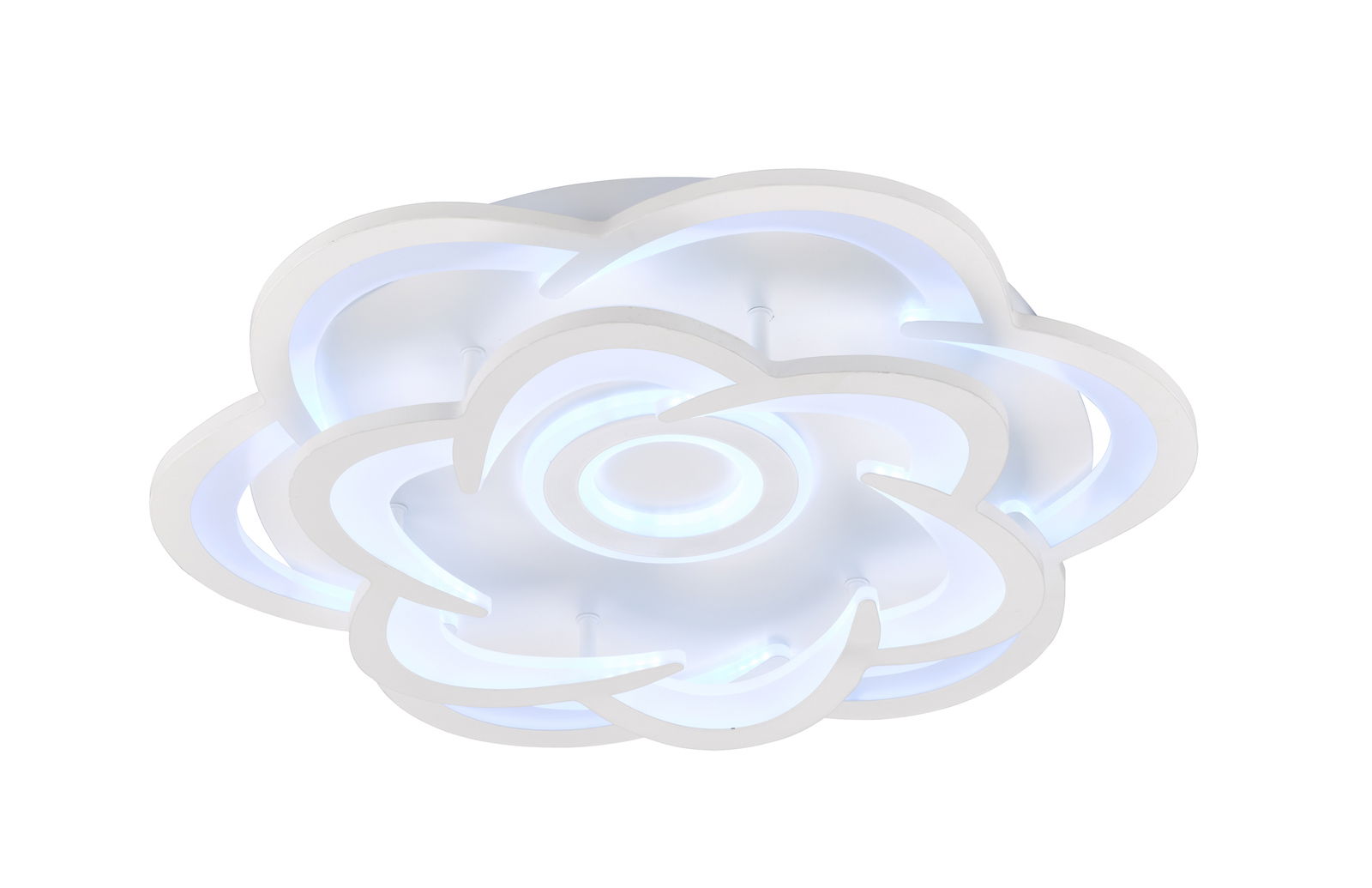 Moderne LED-Deckenleuchte in Blumenform mit weißem Rahmen und blauer Beleuchtung, seitliche Perspektive