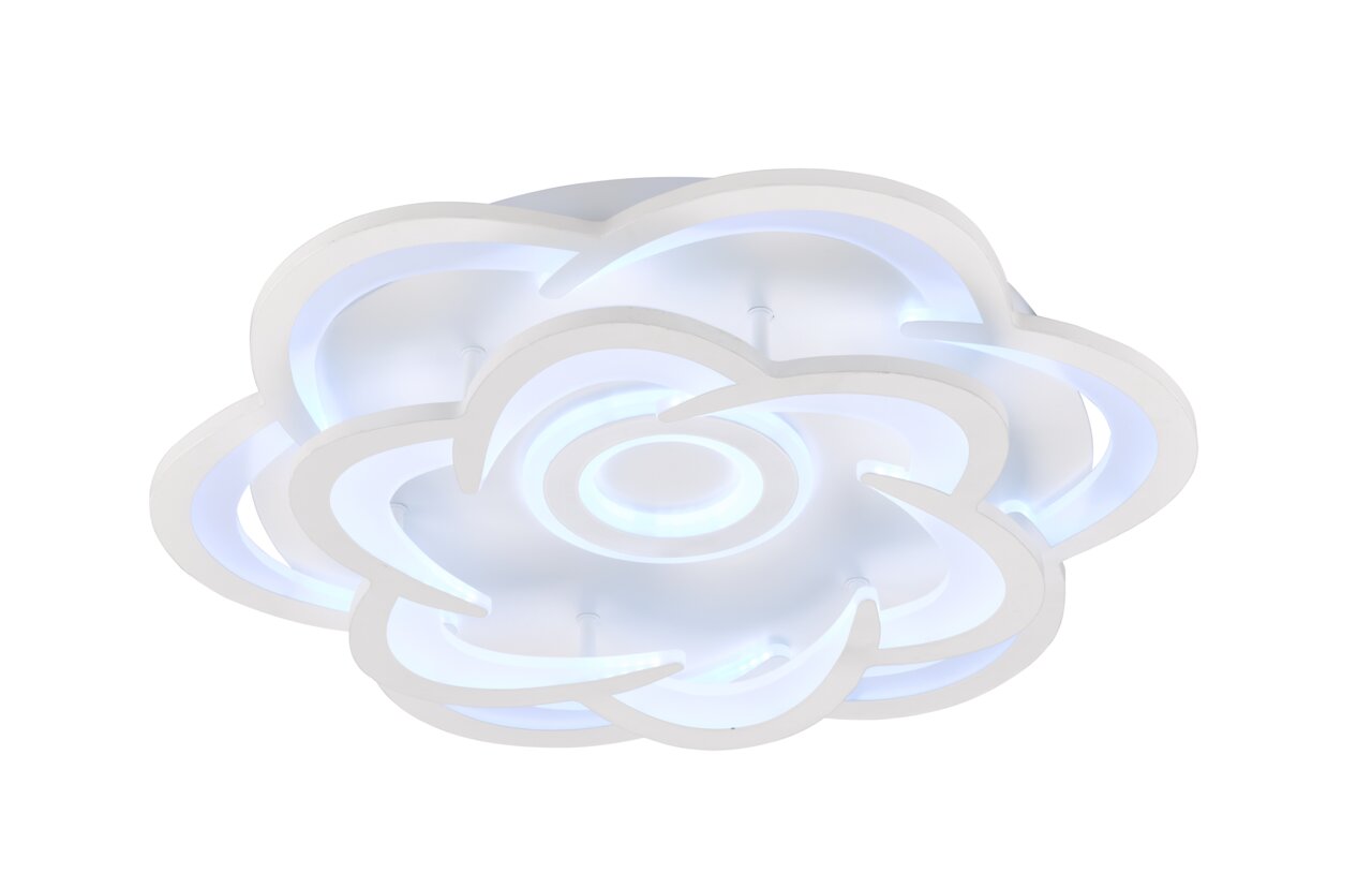 Moderne LED-Deckenleuchte in Blumenform mit weißem Rahmen und blauer Beleuchtung, seitliche Perspektive