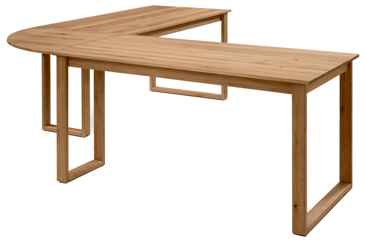 Eckschreibtischkombination aus Holz in L-Form, seitliche Perspektive