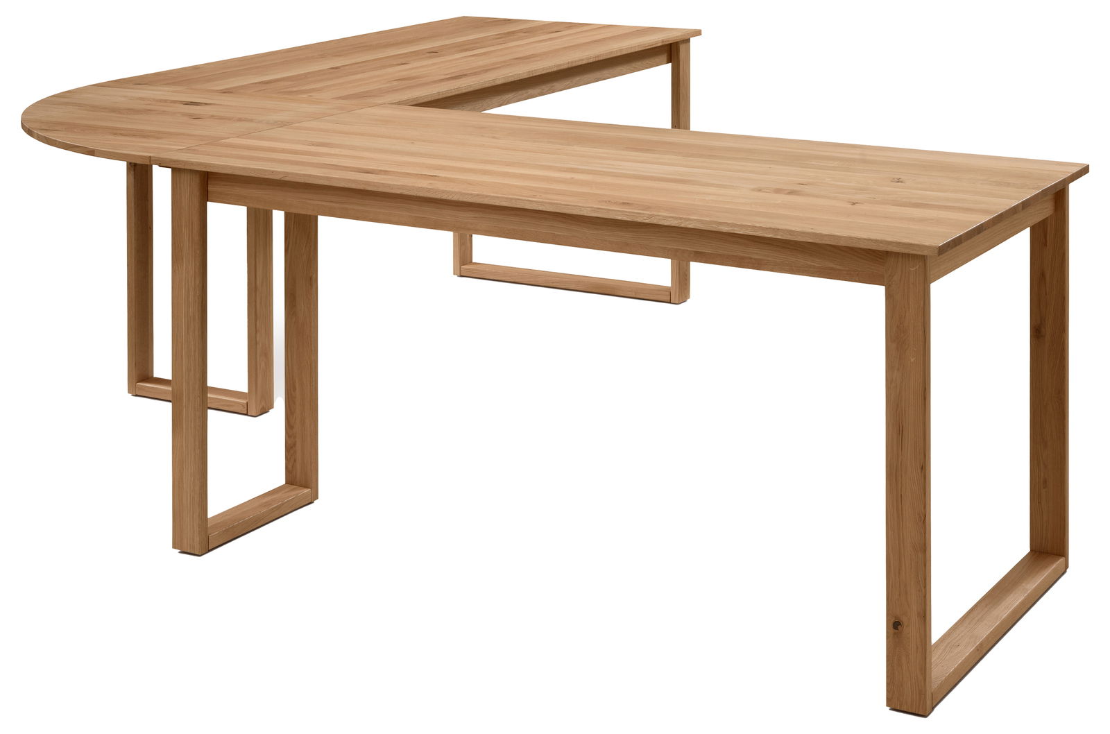 Eckschreibtischkombination aus Holz in L-Form, seitliche Perspektive