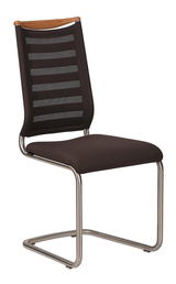 Moderner Freischwinger-Stuhl mit schwarzem Netzrücken und brauner Sitzfläche, seitliche Perspektive