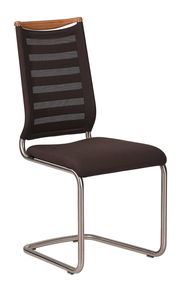 Moderner Freischwinger-Stuhl mit schwarzem Netzrücken und brauner Sitzfläche, seitliche Perspektive