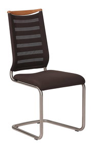 Moderner Freischwinger-Stuhl mit schwarzem Netzrücken und brauner Sitzfläche, seitliche Perspektive