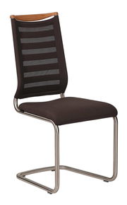 Moderner Freischwinger-Stuhl mit schwarzem Netzrücken und brauner Sitzfläche, seitliche Perspektive