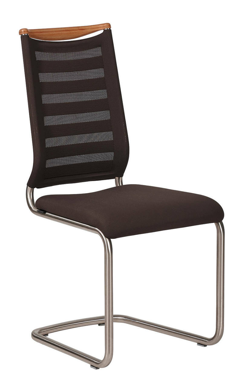 Moderner Freischwinger-Stuhl mit schwarzem Netzrücken und brauner Sitzfläche, seitliche Perspektive