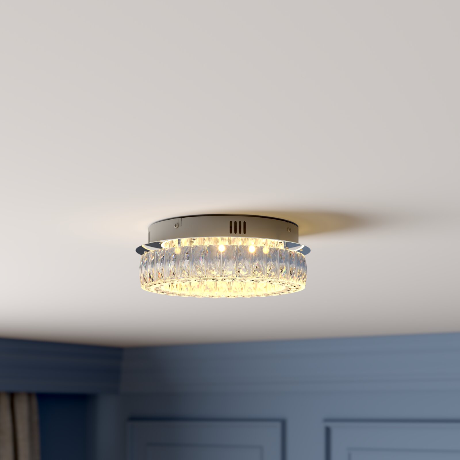 Novel LED-Deckenleuchte DECKENLEUCHTE Runde, bündig montierte Deckenleuchte mit klaren Kristallglas-Elementen und warmweißem Licht, fotografiert aus leicht schräger Untersicht an der Zimmerdecke